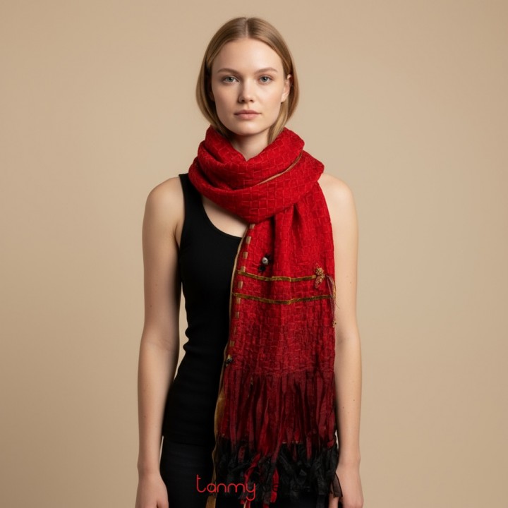 Red Kim Long hand-knitted organza silk and velvet scarf with lazy buttons